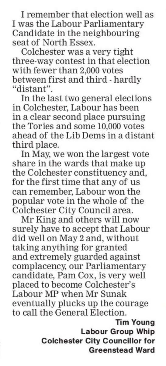 Excellent letter from @Tim4Labour in this week’s @TheGazette. Labour won the popular vote in Colchester in the latest round of city council and PFCC elections. Labour are the challenger to the Tories in Colchester and working hard to elect Pam Cox as the next MP.