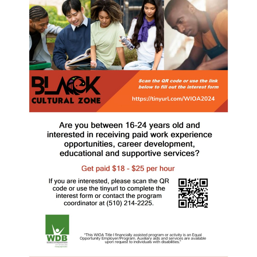 🚨JOB ANNOUNCEMENT ALERT🚨 Are you between 16-24 years old? Scan the QR code or go to ow.ly/lGat50RzLoB to complete the interest form or contact program coordinator at 510-214-2225. #youthjobs #oakland #youthenrichment #youthemployment #ousd