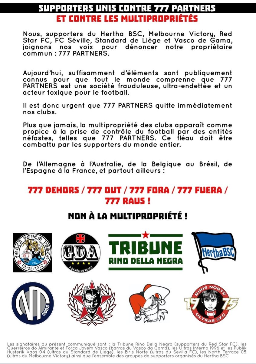 Seven supporter groups from Hertha Berlin, Melbourne, Red Star FC, Sevilla, Standard Liège and Vasco da Gama all unite in a joint statement against 777 Partners. 'It is urgent that 777 Partners immediately leave our clubs.'