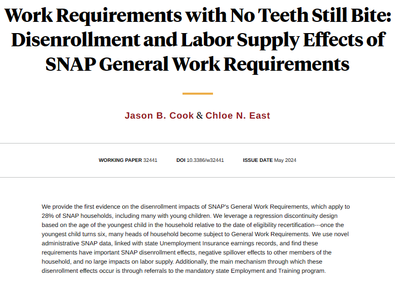 SNAP General Work Requirements and Employment and Training programs reduce SNAP participation with no effects on labor supply, from @Jason_Cook and @chloeneast nber.org/papers/w32441