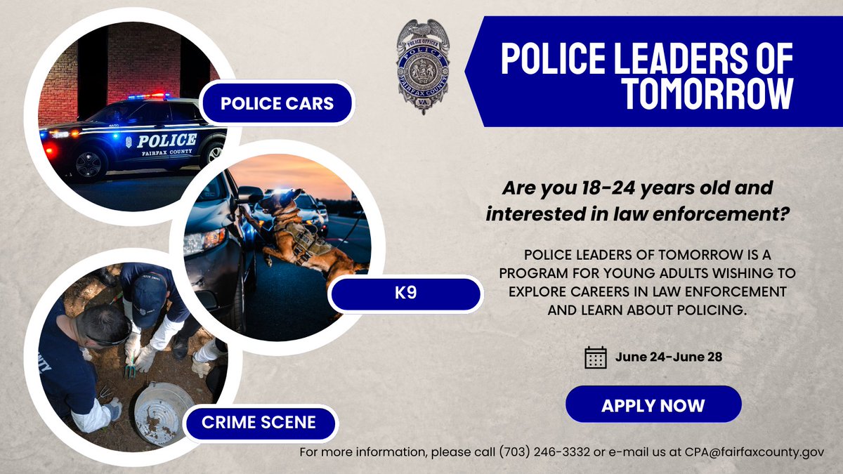 🚓Police Leaders of Tomorrow empowers young adults to excel in law enforcement. Join us for a week of learning, growth, & inspiration. Apply now & have the opportunity to do a ride-along, learn about our crime scene, & more! For more info visit bit.ly/3R7NWNN