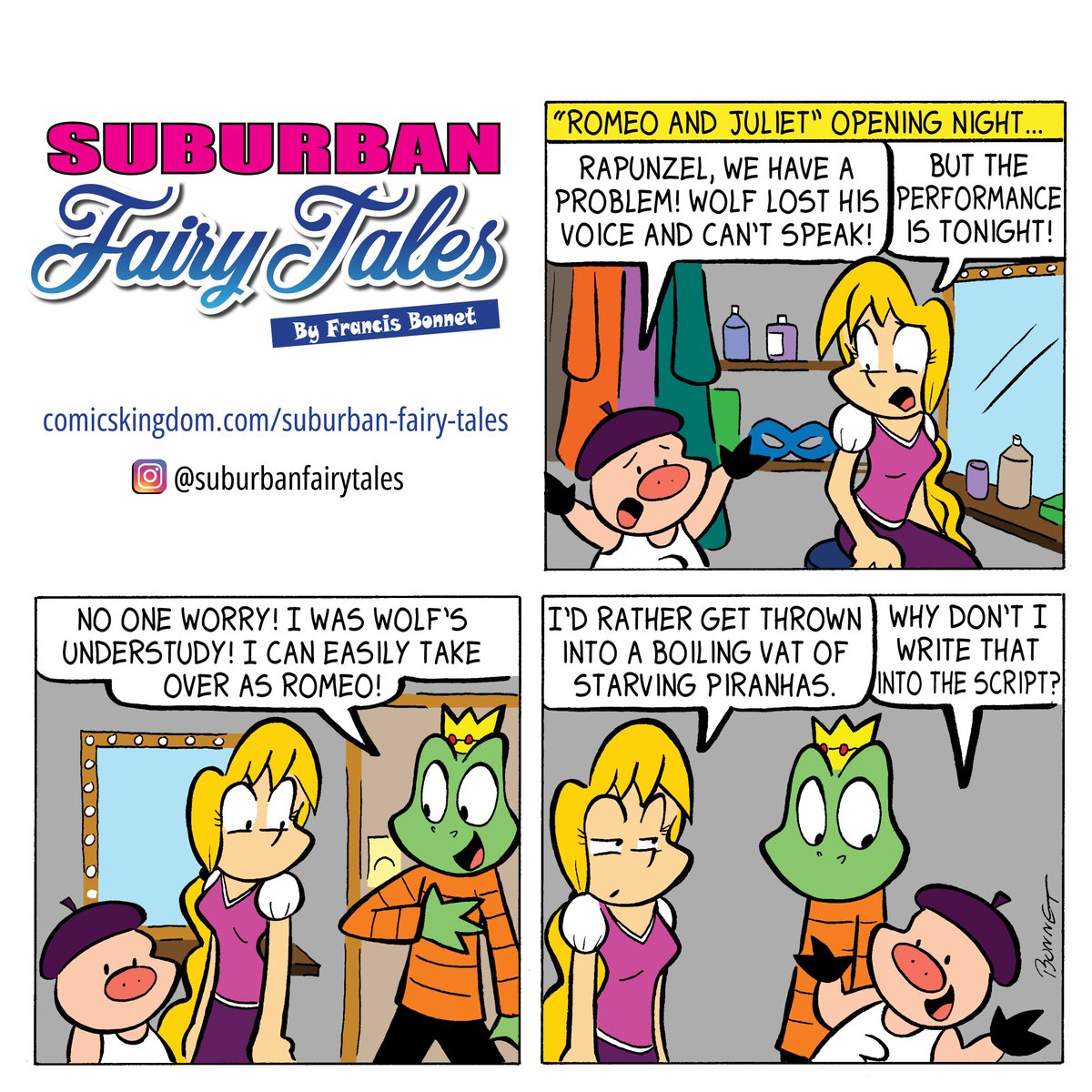 This comic is from Sept 2016. Rapunzel used to be a lot meaner to Frog Prince back in the day. She’s gotten nicer in later comics, but not by a lot. 
#cartoonist #comicseries #dailycomicstrip #fairytales #webcomic #openingday #theatrelife #romeoandjuliet