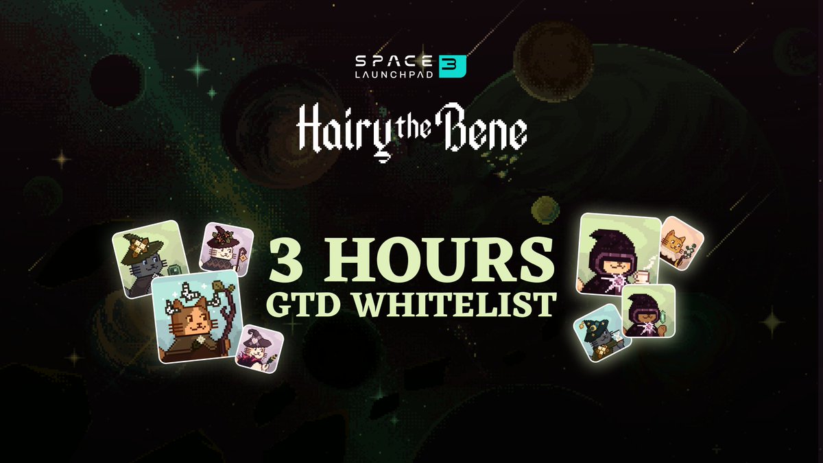⏰ 3 HOURS until you can claim your FREE @BeneCatwiches NFTs! Minting starts at 3:00 AM (UTC) & lasts for 11 hours 55 minutes. ⏳ ✅ Double-check your whitelist eligibility at launchpad.space3.gg/hairythebene. 📌 Details: space3.substack.com/p/space3-launc…