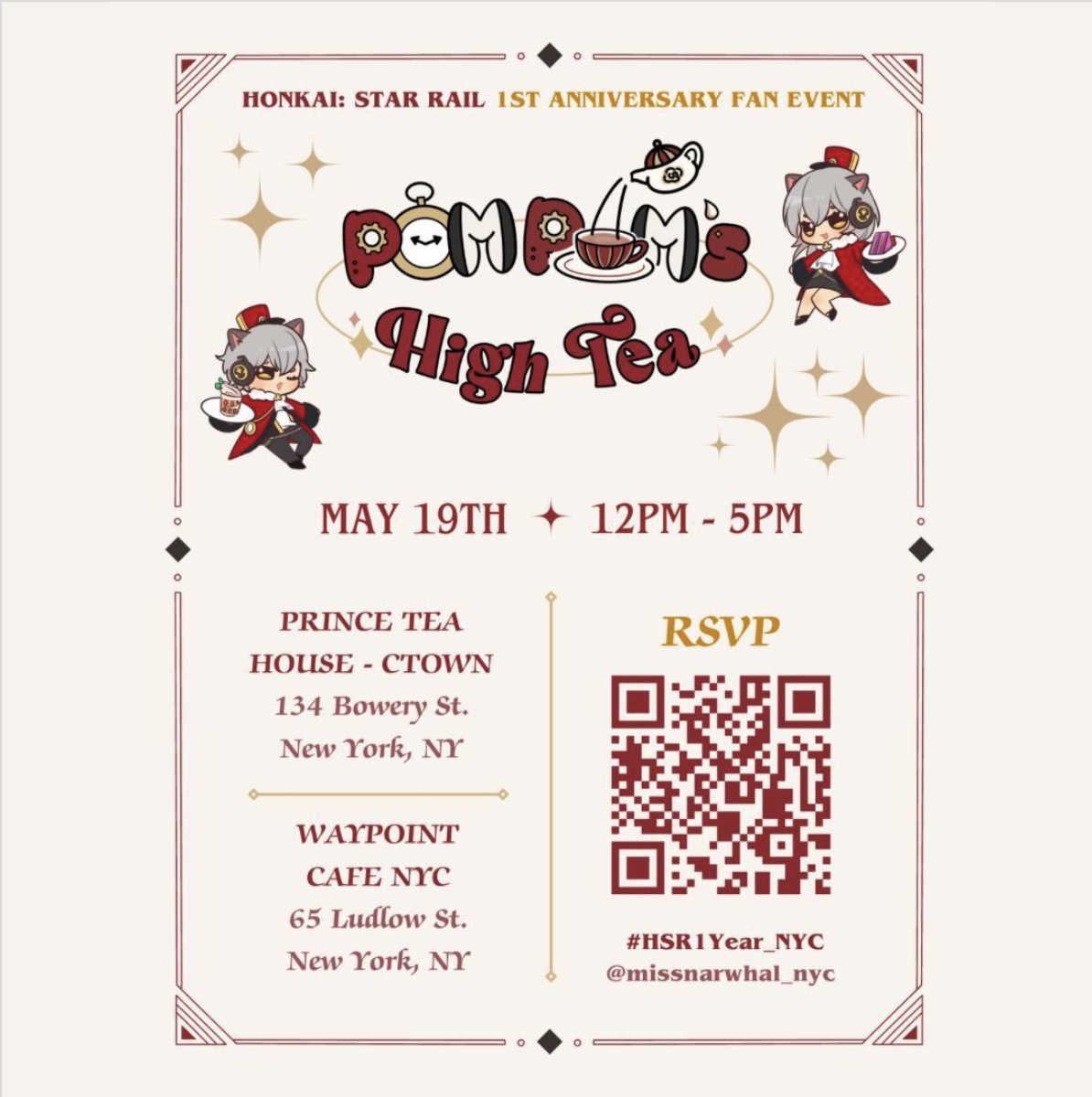 Calling all NYC Trailblazers! Join Waypoint Café for Pom Pom’s High Tea on May 19th, from 12PM-5PM.

Waypoint will be celebrating a year of Honkai Star Rail with merchandise and a special menu just for the event!

RSVP: bit.ly/3JOS5SF

#HonkaiStarRail #honkai #hoyoverse