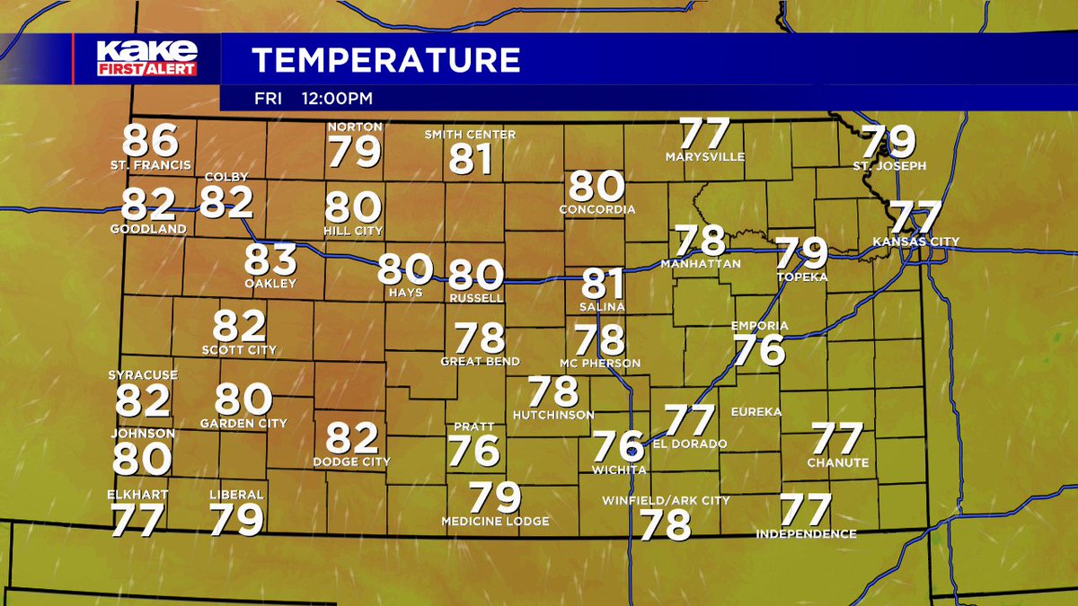 Lunch-time temperatures across Kansas at Noon. #KSwx