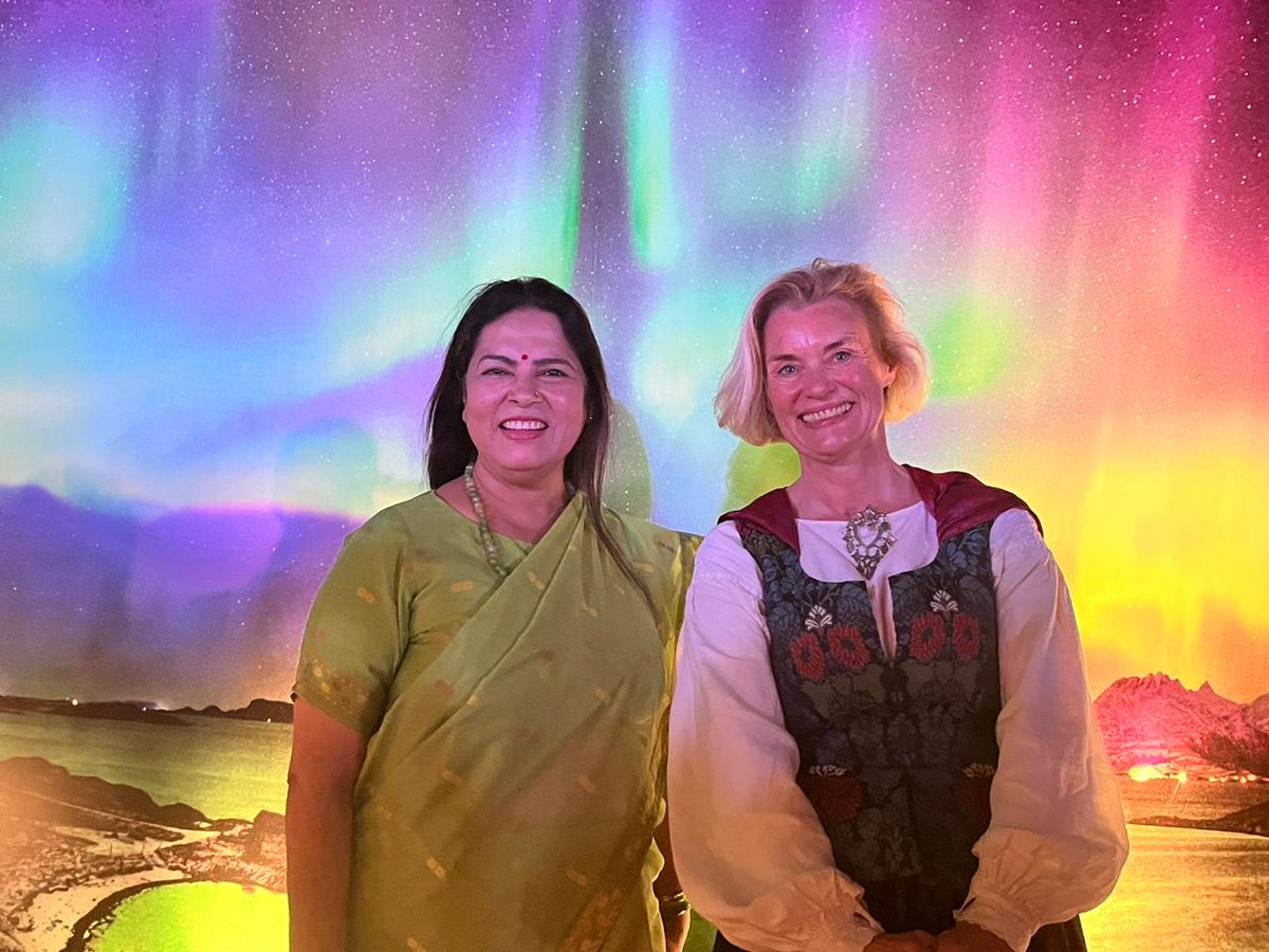 With aurora borealis theme, Norway’s National Day is celebrated in Delhi @NorwayAmbIndia @MayElinStener. India represented by MoS MEA @M_Lekhi