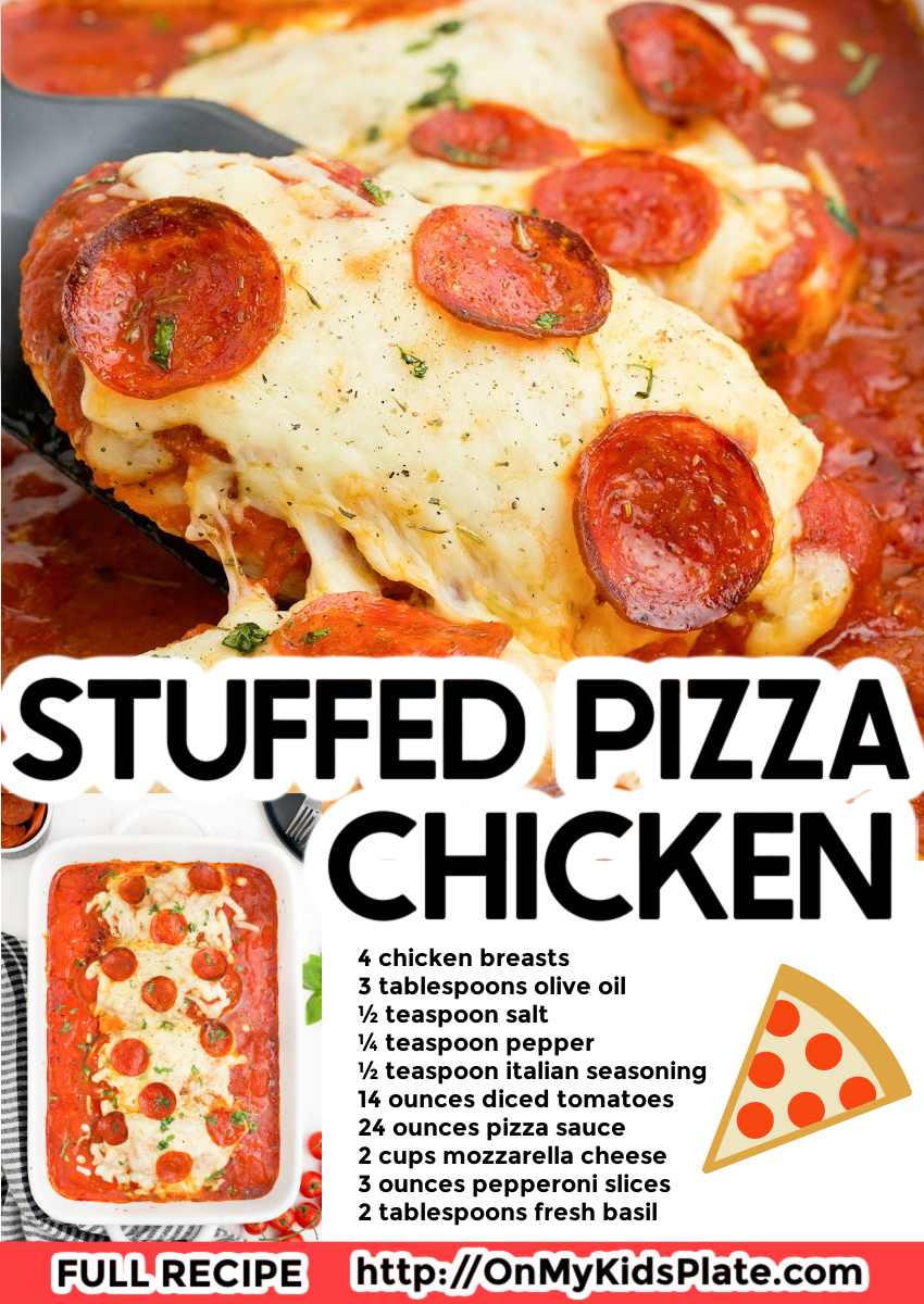 Stuffed Pizza Chicken  onmykidsplate.com/stuffed-pizza-… Tender chicken stuffed with cheese and pepperoni with a delicious tomato sauce that makes such an easy and tasty weeknight dinner! Prep this recipe the night before and pop it in the oven in time for dinner.