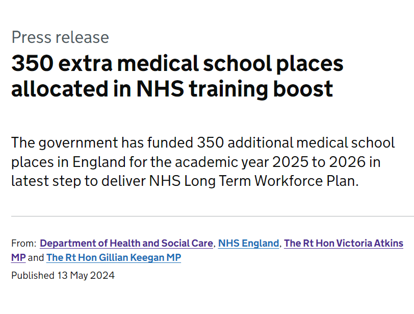BGS welcomes @GOVUK funding for 350 additional medical school places in England for the academic year 2025 to 2026 in the latest step to deliver NHS Long Term Workforce Plan via @DHSCgovuk @NHSEngland @VictoriaAtkins gov.uk/government/new…