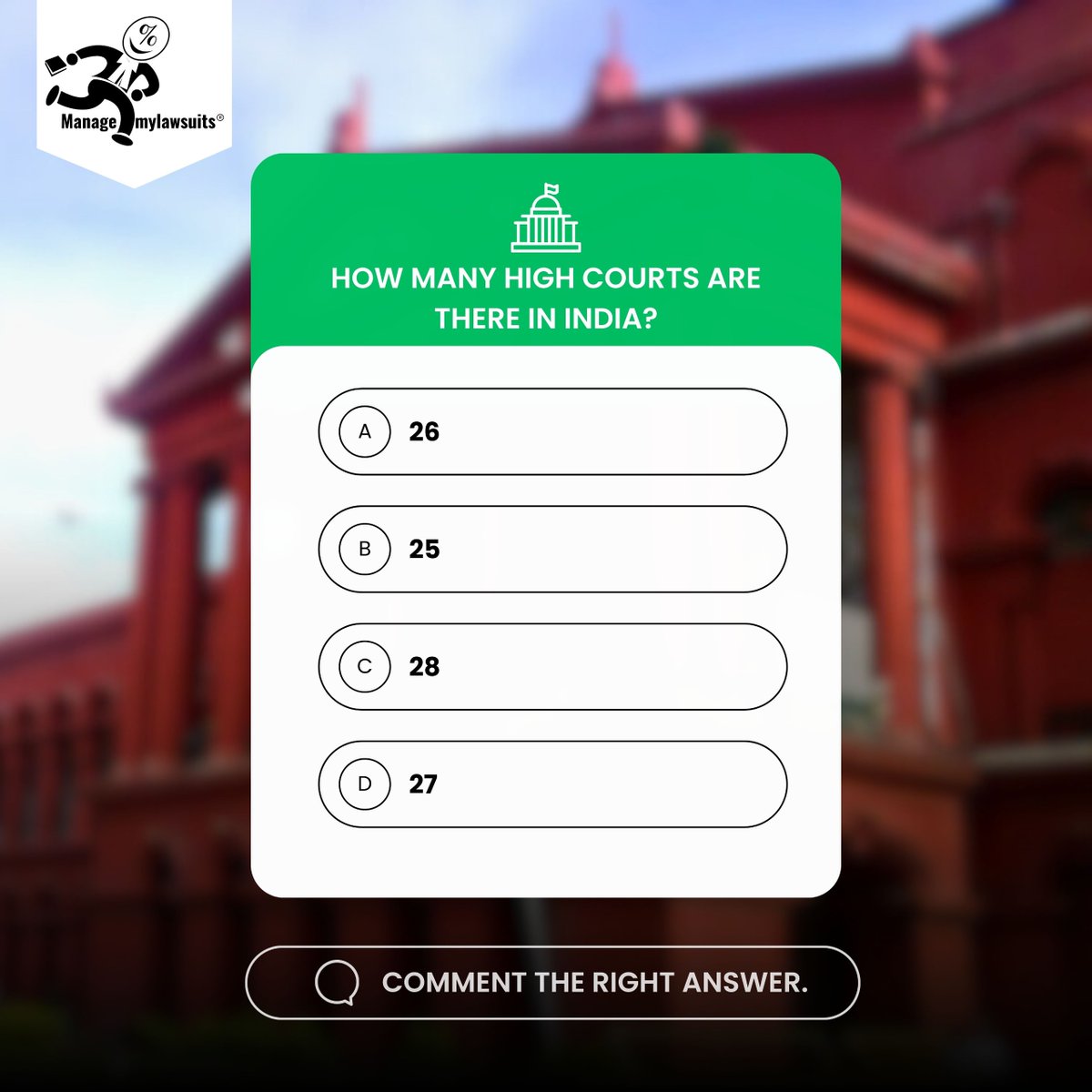 Do you know how many High Courts there are in India? Comment your answer below!

Follow us for more legal insights.

#managemylawsuits #lawfirms #legaldepartment #highcourts #legalinsights