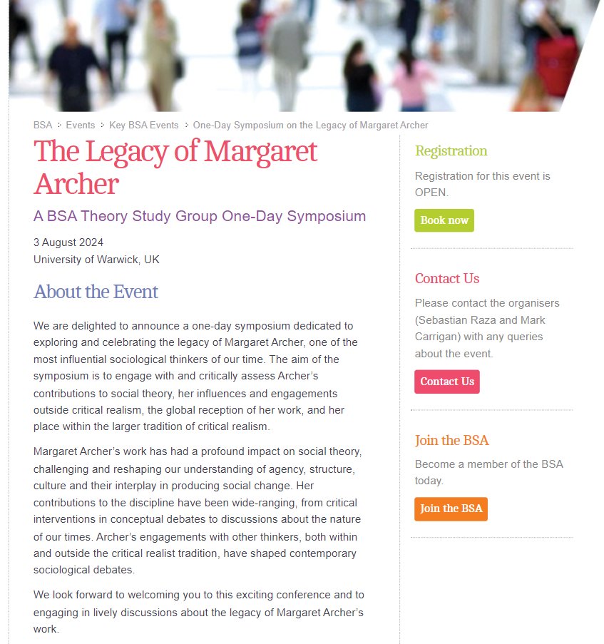 🎟️The booking portal is now open for The Legacy of Margaret Archer - A BSA Theory Study Group One-Day Symposium 3 August 2024 University of Warwick, UK Registration: BSA Members: £7.50 Non-Members: £10 britsoc.co.uk/events/key-bsa… @britsoci #CriticalRealism #SocialTheory #BSATheory