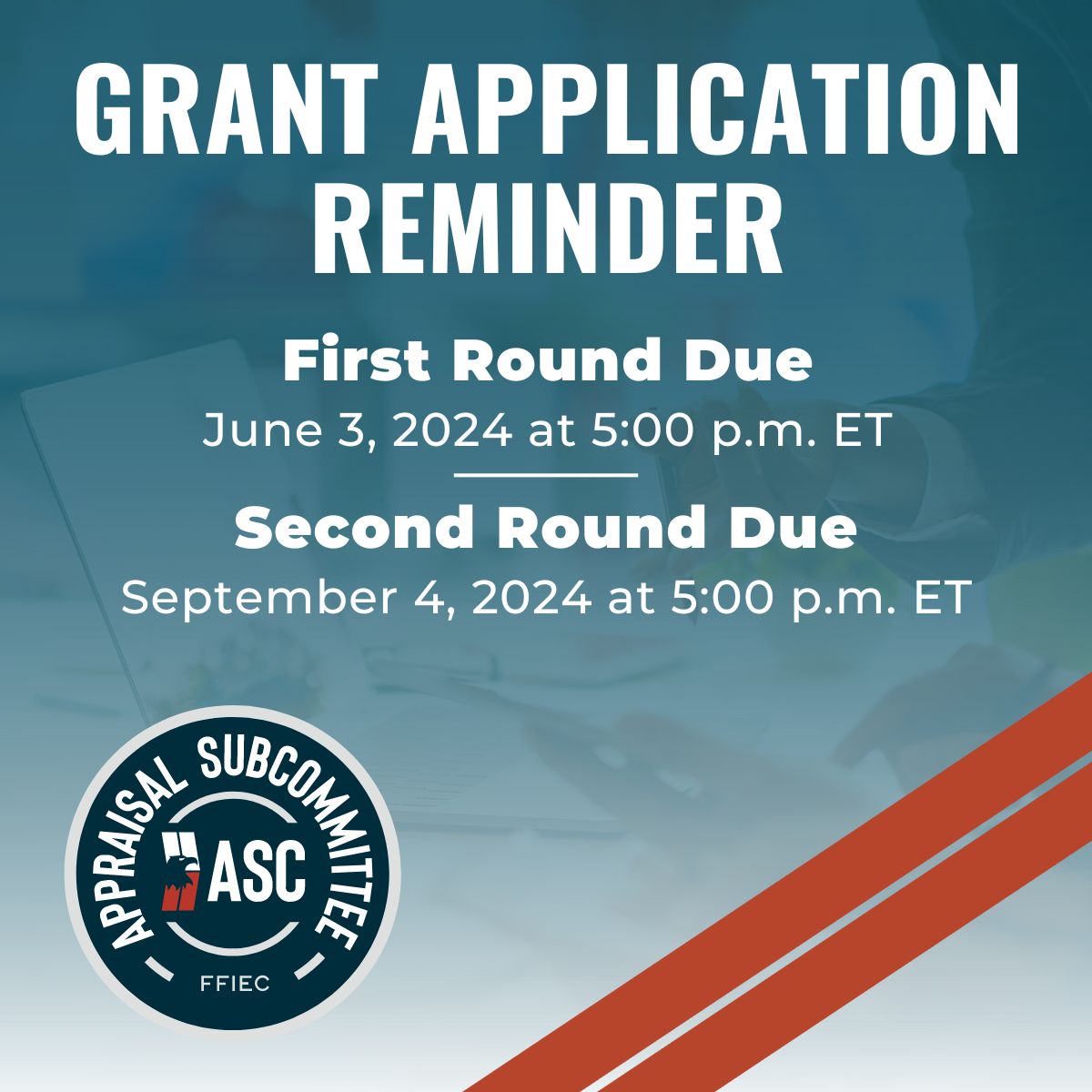 The first round of grant applications are due by June 3, 2024, at 5:00 p.m. ET. 

Watch our Grant Technical Assistance Webinar to learn more about this grant funding opportunity. youtube.com/watch?v=g4FNNu…

#ASCgov #Appraisers #Grants #GrantFunding