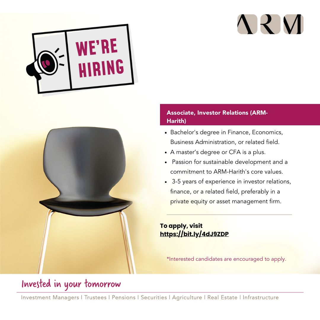 We're on the lookout for an Associate in Investor Relations to join our esteemed team at ARM-Harith Infrastructure Investment Limited.

Learn more and apply at buff.ly/4bcOrxT

#ARM #InvestedInYourTomorrow #WeAreHiring #JoinOurTeam
