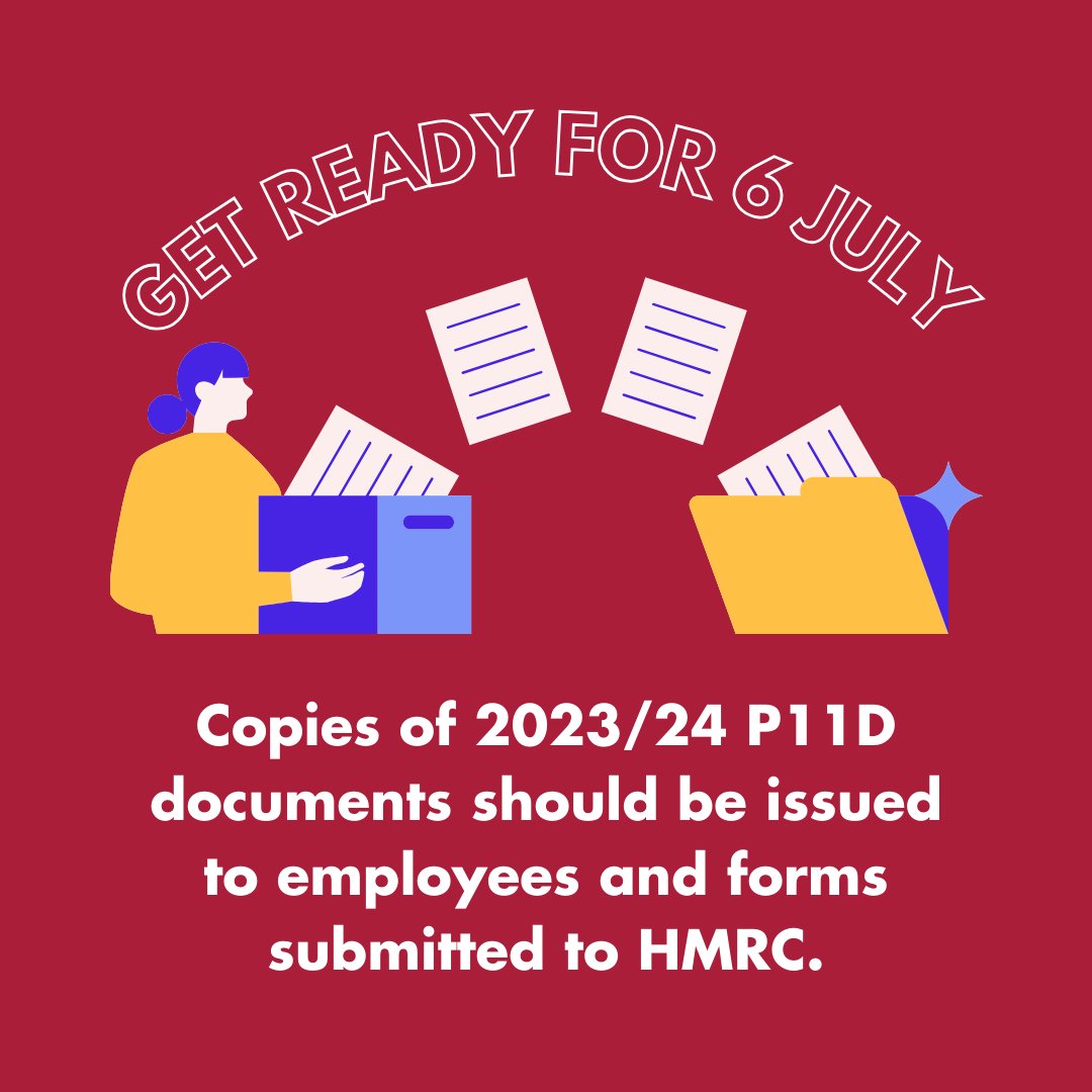 ⏰The P11D deadline is coming up! ⏰ 
 
6 July may seem far off, but it will come around faster than you think…  
 
Make sure you issue the 2023/24 copies of P11D documents to your employees and HMRC by this date.  
 
#P11D #Payroll