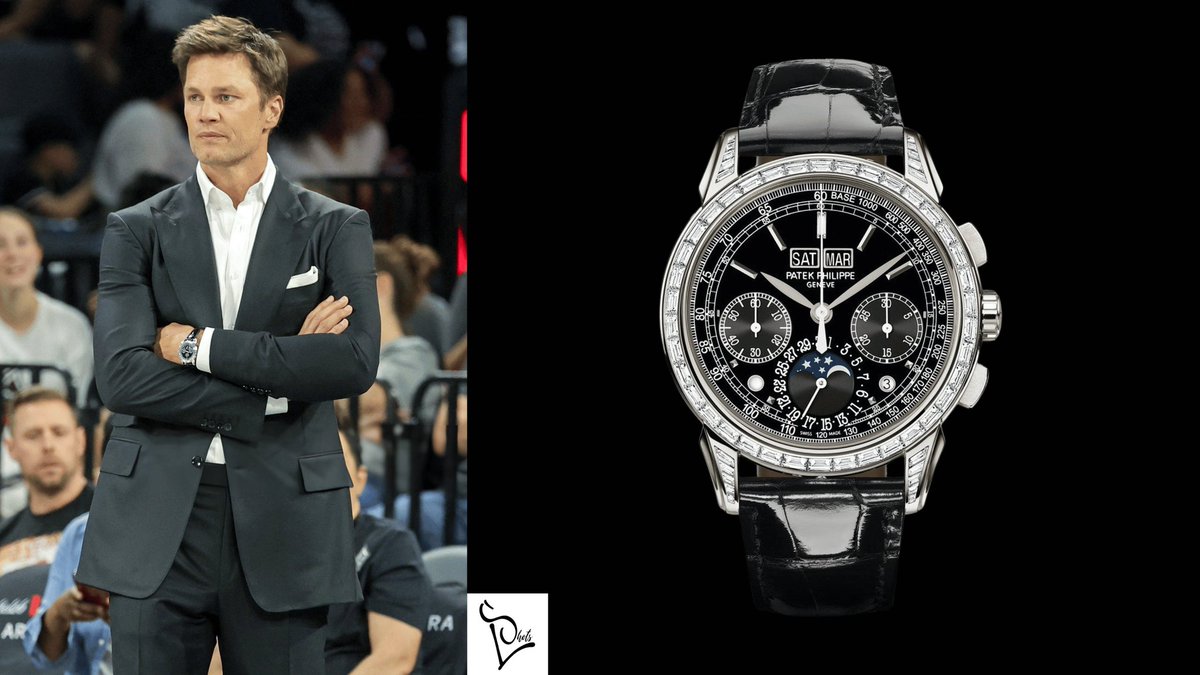 #NFL legend @TomBrady is wearing a #PatekPhilippe Grand Complications Perpetual Calendar Chronograph Reference 5271P in platinum.This 41mm timepiece features a black lacquered dial and is set with 81 baguette-cut diamonds in total. Market Price : $345,000 #TomBrady #Watch #Rolex
