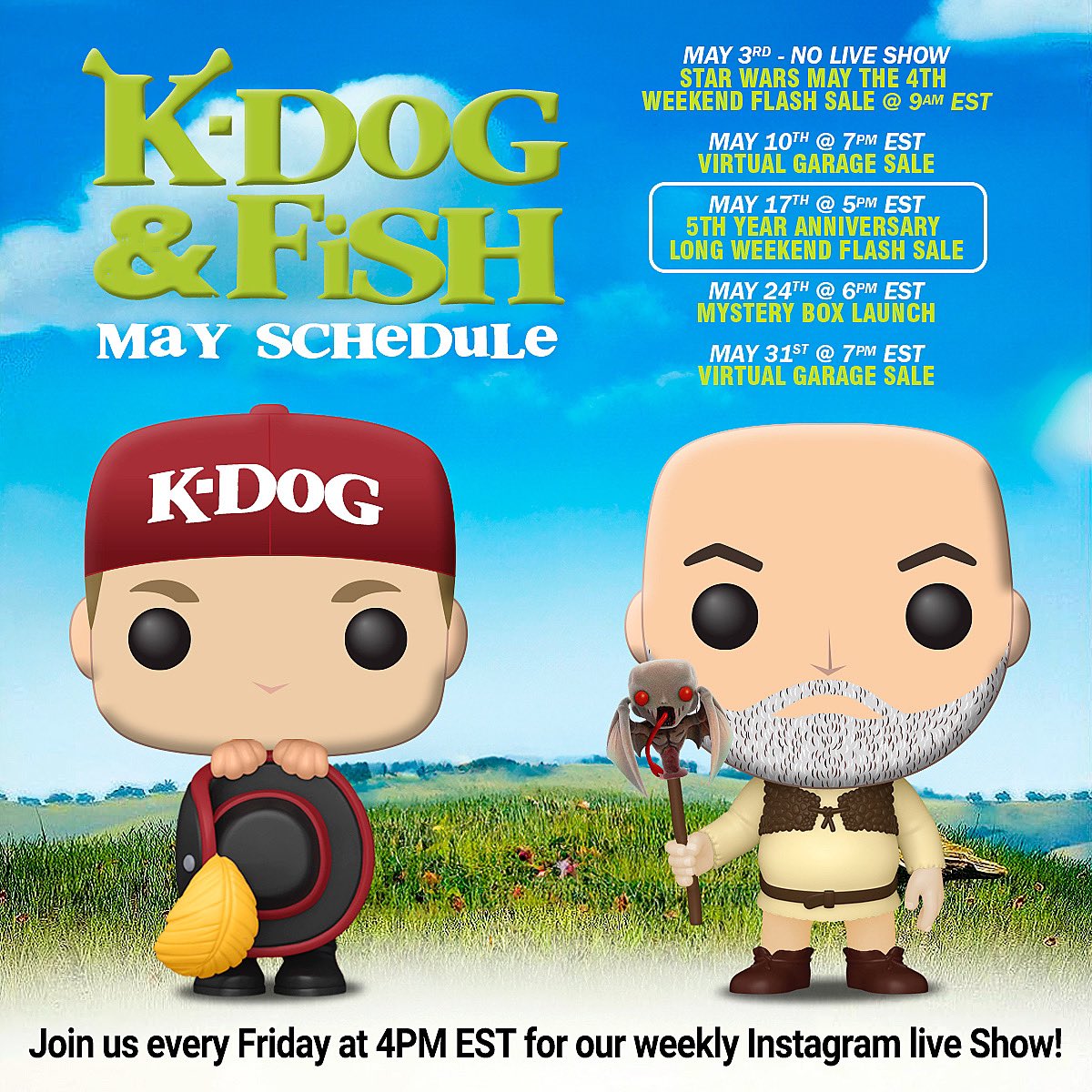 It’s the best Day of the Week with your boys @kdogandfish 📣 Join us for our IG Live Show #4oclockfriday for a preview of our massive USA #FUNKO HAUL and our 5 Year Anniversary Long Weekend FLASH SALE 😲 Both will launch online TODAY at 5PM EST at kdogandfish.com