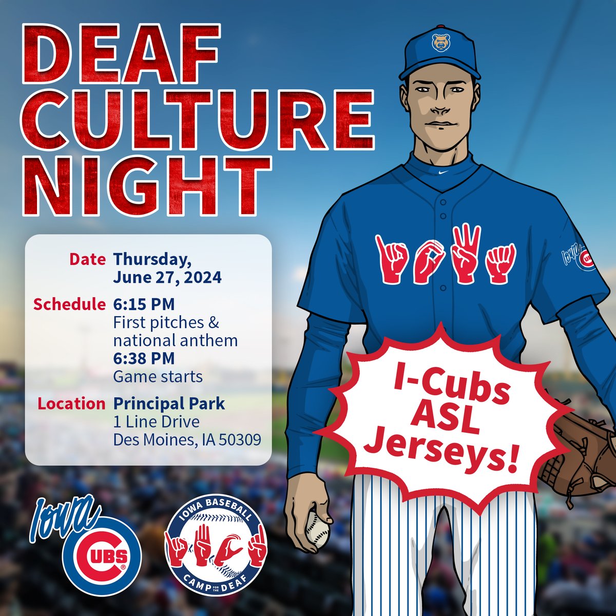 A lifelong dream is coming true! The @iowacubs will wear jerseys with IOWA in ASL to celebrate Deaf Culture with my camp, the Iowa Baseball Camp for the Deaf (IBCD), on June 27th! These jerseys will be auctioned to benefit IBCD. Link - milb.com/iowa/news/iowa… #MilB #Cubs #Deaf