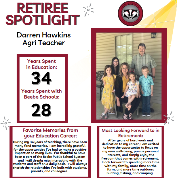 Beebe_Schools's tweet photo. Retiree Spotlight - Mr. Darren Hawkins! Mr. Hawkins has been with our district for 28 years, and has a total of 34 years in education. Thank you for teaching and guiding the students here at Beebe Schools. Congratulations on your retirment, Mr. Hawkins! #BPRD https://t.co/R4oIf8ScSl