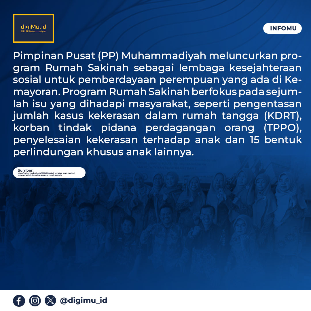 Ketua Rumah Sakinah, M. Arif mengatakan bahwa Rumah Sakinah adalah lembaga kesejahteraan sosial untuk pemberdayaan perempuan pertama yang didirikan oleh Majelis Pembinaan Kesejahteraan Sosial PP Muhammadiyah berkolaborasi dengan Pimpinan Daerah Aisyiyah (PDA) Jakarta Pusat.
