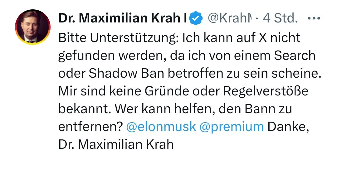 Das was Dr. Maximilian #Krah hier beschreibt, erleben derzeit viele!
So auch ich.
Die Reichweite von regierungskritischen Accounts wird beschnitten und heruntergefahren!
Diese Praxis ist momentan EXTREM!
So wird das nichts mit der #Meinungsfreiheit auf X, @elonmusk! ☹️😖