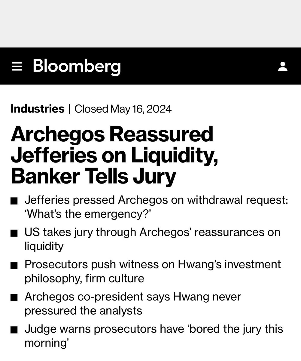The Archegos trial continues. Jefferies Financial Group managing director Jennifer Miranda testified yesterday. '...Miranda said Archegos reassured her that it had ample liquidity. In a March 19, 2021, call with the family office’s risk head, Scott Becker, she said he told her