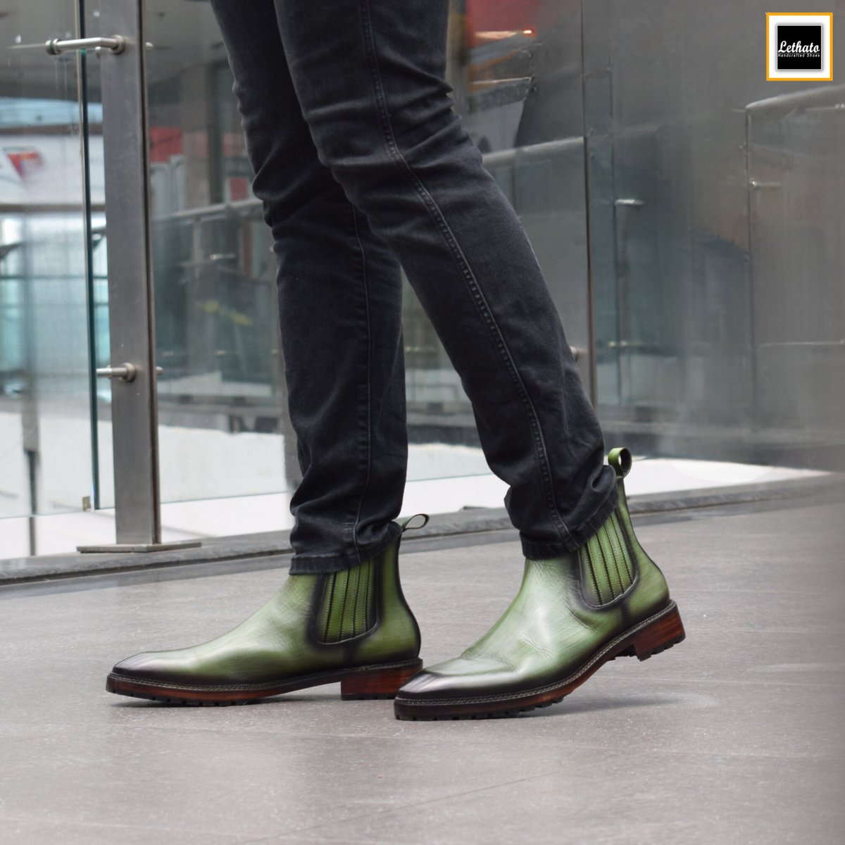 Upgrade your shoe collection with these green Chelsea boots by Lethato. Shop now . . . . #showoffthatsole #polishyourboots #chelseaboots #fashionlover #fashionstyle #lethatoshoes #shoereels #leathershoes #casualshoes #casualwear #mensboots #dressboots #bootseason #lethato