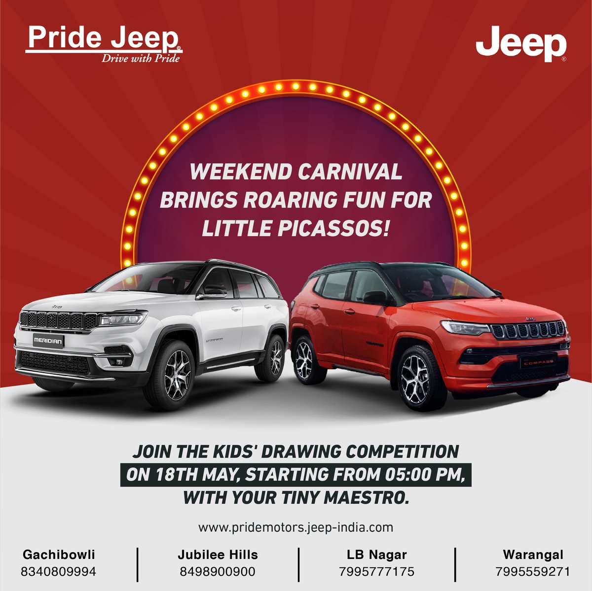 This weekend, unleash a burst of creativity with a kaleidoscope of colours! Encourage your little Picassos to join the Kids Drawing Competition, an event that promises fun and engagement for all.

#Pridejeep #PrideJeepHyderabad #weekendcarnival #drawingcompetition #drawing