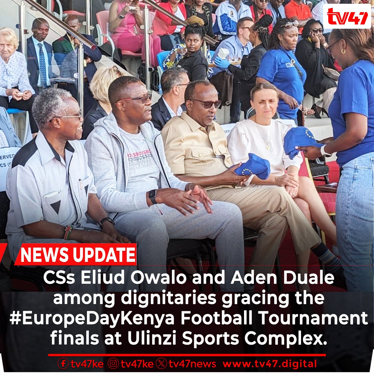 CSs Eliud Owalo and Aden Duale among dignitaries gracing the #EuropeDayKenya Football Tournament finals at Ulinzi Sports Complex. 

The Tournament is meant to foster personal development, discipline and teamwork essential for personal and societal progress.
#EuDayKe @HonAdenDuale