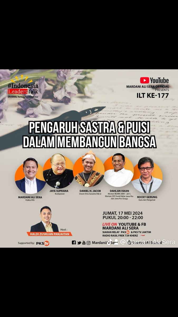 Tahu kenapa ada Revolusi Perancis? Terjadi Renaisans? Munculnya kekuatan negara kecil tapi powerful? SENI salah satu jawabannya. Yuk kita simak bersama: Indonedia Leaders Talk (ILT) Edisi ke-177 bersama Bung Rocky Gerung, Pak Kaya Suprana, Pak Dahlan Iskan dan Mas Daniel malam ni