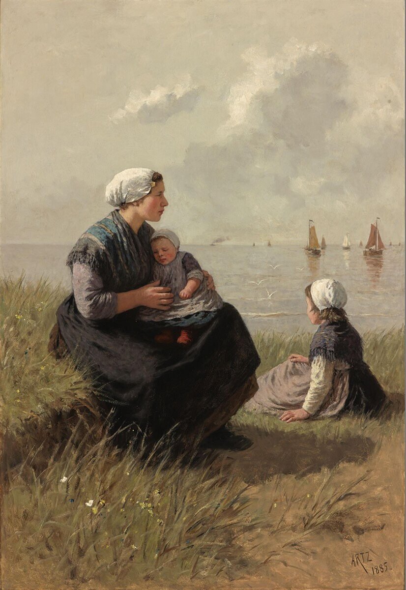 🎨David Adolph Constant Artz 1837 Fisherman's wife with children on a dune