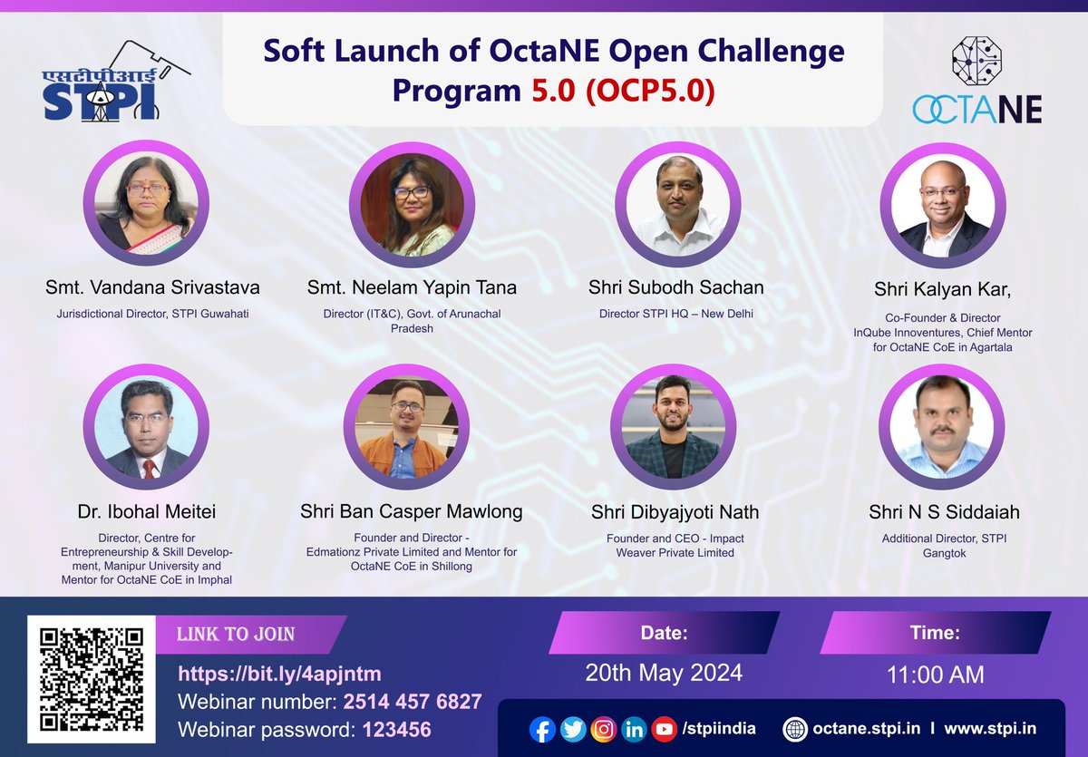 STPI OctaNE, a cluster of 8 CoEs in the #Northeast, is all set to launch the next Open Challenge Program (OCP) on 20.05.2024 at 11 am for tech startups/entrepreneurs. Join the event online bit.ly/4apjntm to hear from eminent speakers. #STPIINDIA #STPICoEs #GrowWithSTPI