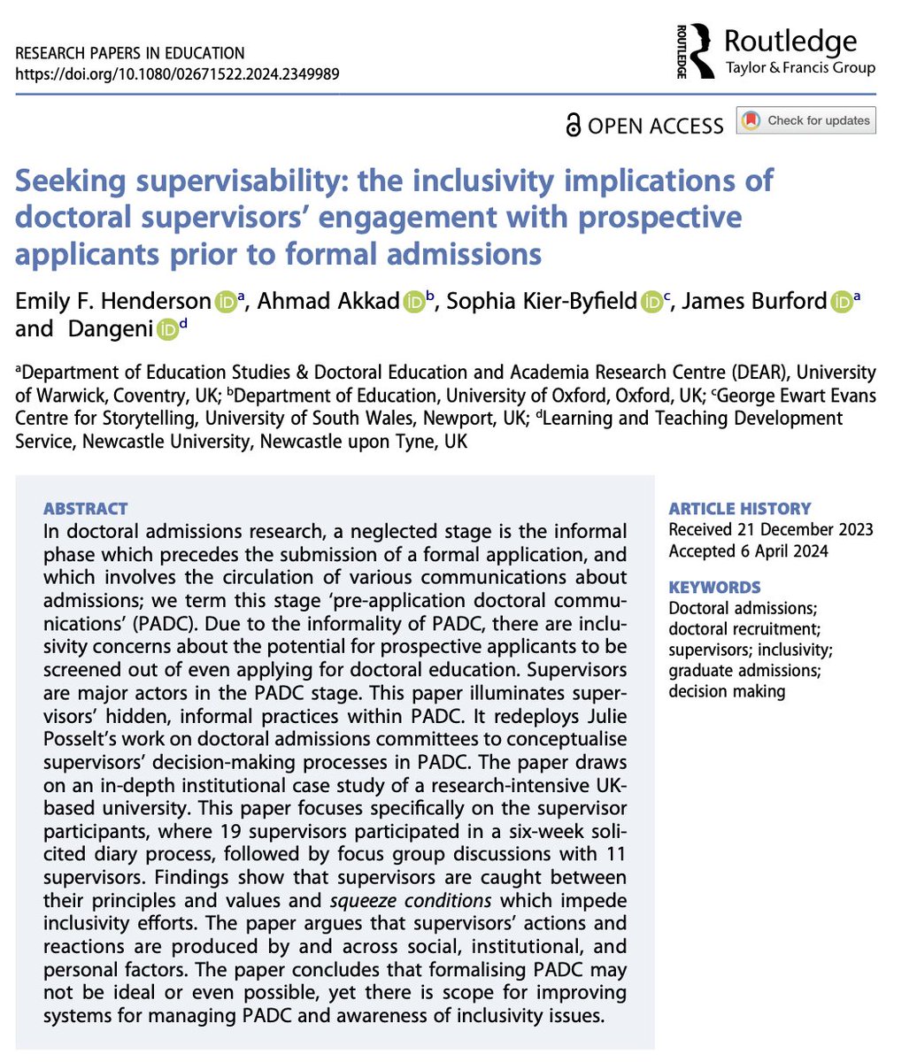 Research Papers in Education (@respapersineduc) on Twitter photo NOW ONLINE! 🚨 & Open Access
Seeking supervisability: the inclusivity implications of doctoral supervisors’ engagement with prospective applicants prior to formal admissions
@EmilyFrascatore, <a href="/AhmadAkkad_/">Ahmad Akkad</a>, Sophia Kier-Byfield, <a href="/jiaburford/">Dr James Burford</a> & <a href="/Dangeni_/">Dangeni</a>
tandfonline.com/doi/full/10.10… NOW ONLINE! 🚨 & Open Access
Seeking supervisability: the inclusivity implications of doctoral supervisors’ engagement with prospective applicants prior to formal admissions
@EmilyFrascatore, <a href="/AhmadAkkad_/">Ahmad Akkad</a>, Sophia Kier-Byfield, <a href="/jiaburford/">Dr James Burford</a> & <a href="/Dangeni_/">Dangeni</a>
tandfonline.com/doi/full/10.10…