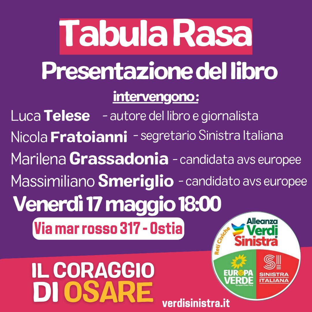 Oggi pomeriggio venerdi #17maggio alle ore 18 sarò a #Ostia insieme a @maxsmeriglio e @MarilenaGrassa1 a presentare il nuovo libro di @lucatelese #TabulaRasa
