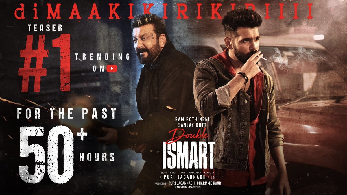 YouTube Has Surrendered to the #DoubleISMART Madness🤙 #DoubleISMARTTeaser 𝗧𝗥𝗘𝗡𝗗𝗜𝗡𝗚 #𝟭 On YouTube For the Past 50+ Hours😎 — bit.ly/DoubleISMARTTe… @ramsayz @KavyaThapar @duttsanjay #PuriJagannadh #ManiSharma @Charmmeofficial @PuriConnects