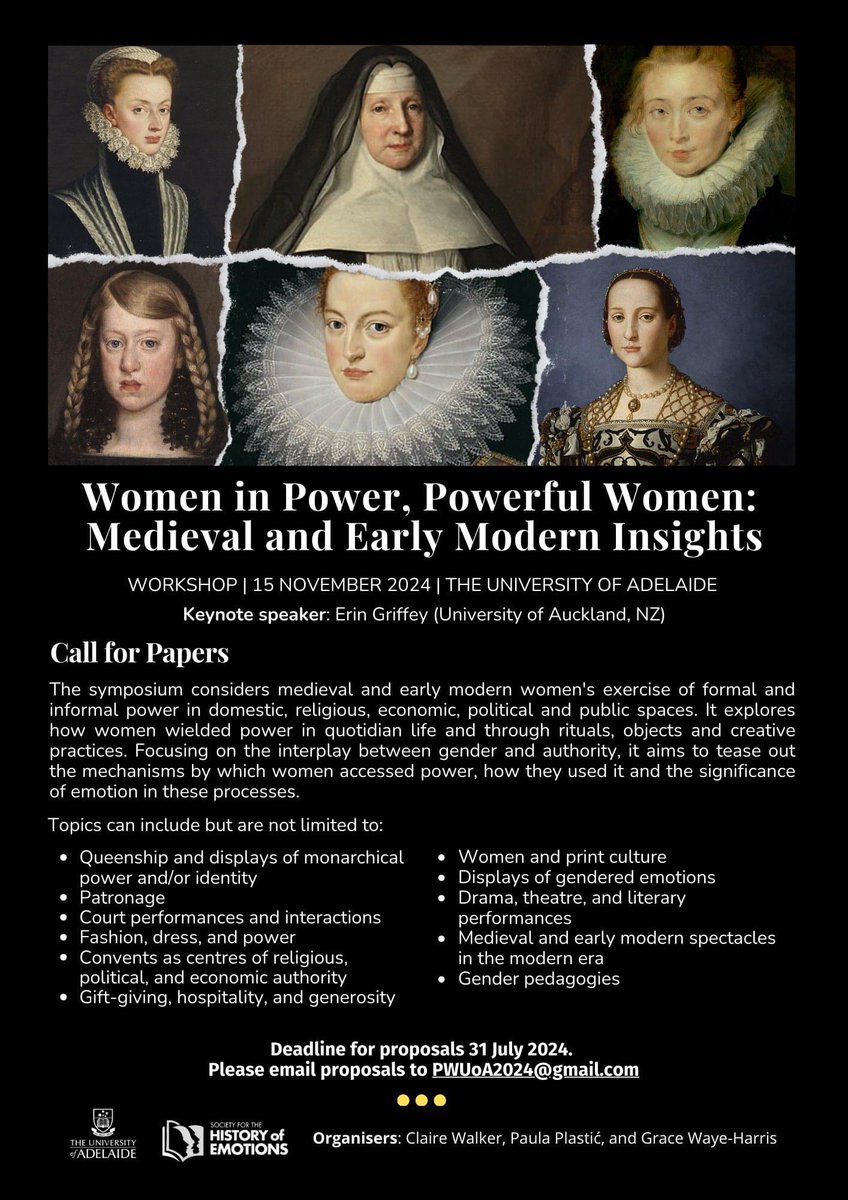 👀 CALL FOR PAPERS: Workshop on WOMEN IN POWER, POWERFUL WOMEN with a specific thematic strand on DISPLAYS OF GENDERED EMOTIONS (15 November 2024, University of Adelaide). Deadline for proposals: 31 July.