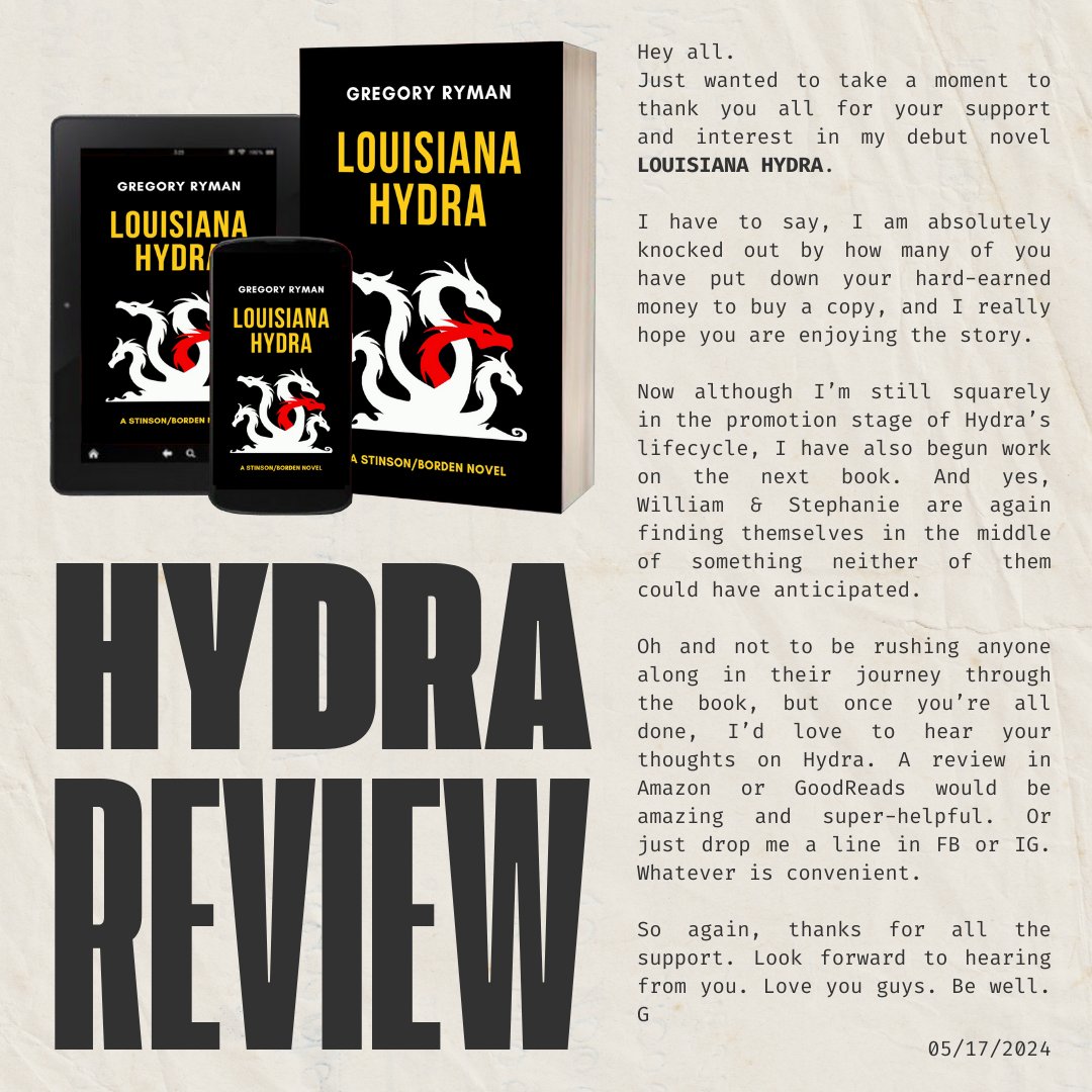 Hey all. Just a little PSA for my Hydra family... #louisianahydra #booklovers  #mysterybooks #thrillerbooks #politicalthriller