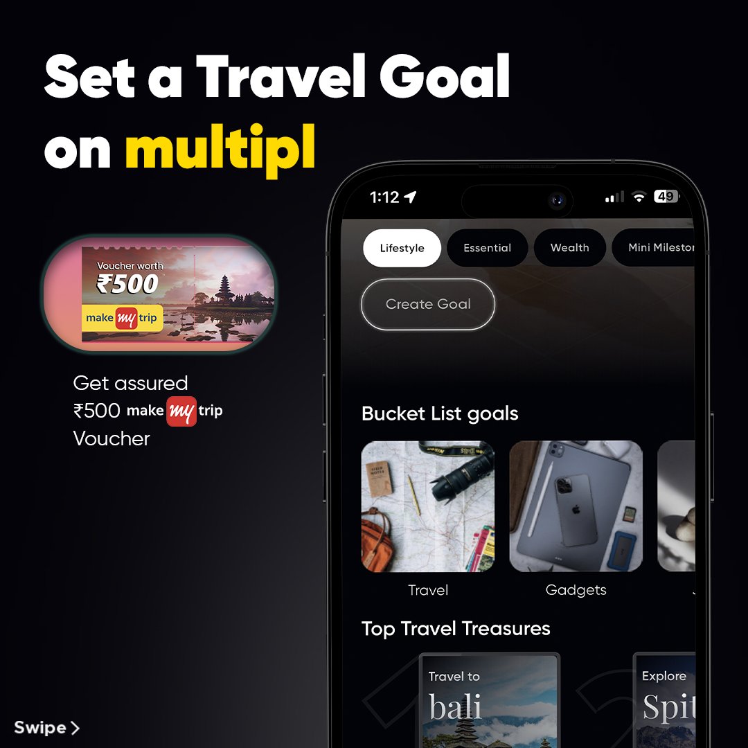 MultiplMovement's tweet image. Beach bummin&apos; 🏖️ or mountain trekin&apos;⛰️?

multipl&apos;s Travel Jackpot fuels your adventures!

Start a goal, WIN a trip, &amp;amp; score a guaranteed ₹500 MakeMyTrip voucher!

#spendvesting #TravelJackpot #freetrip