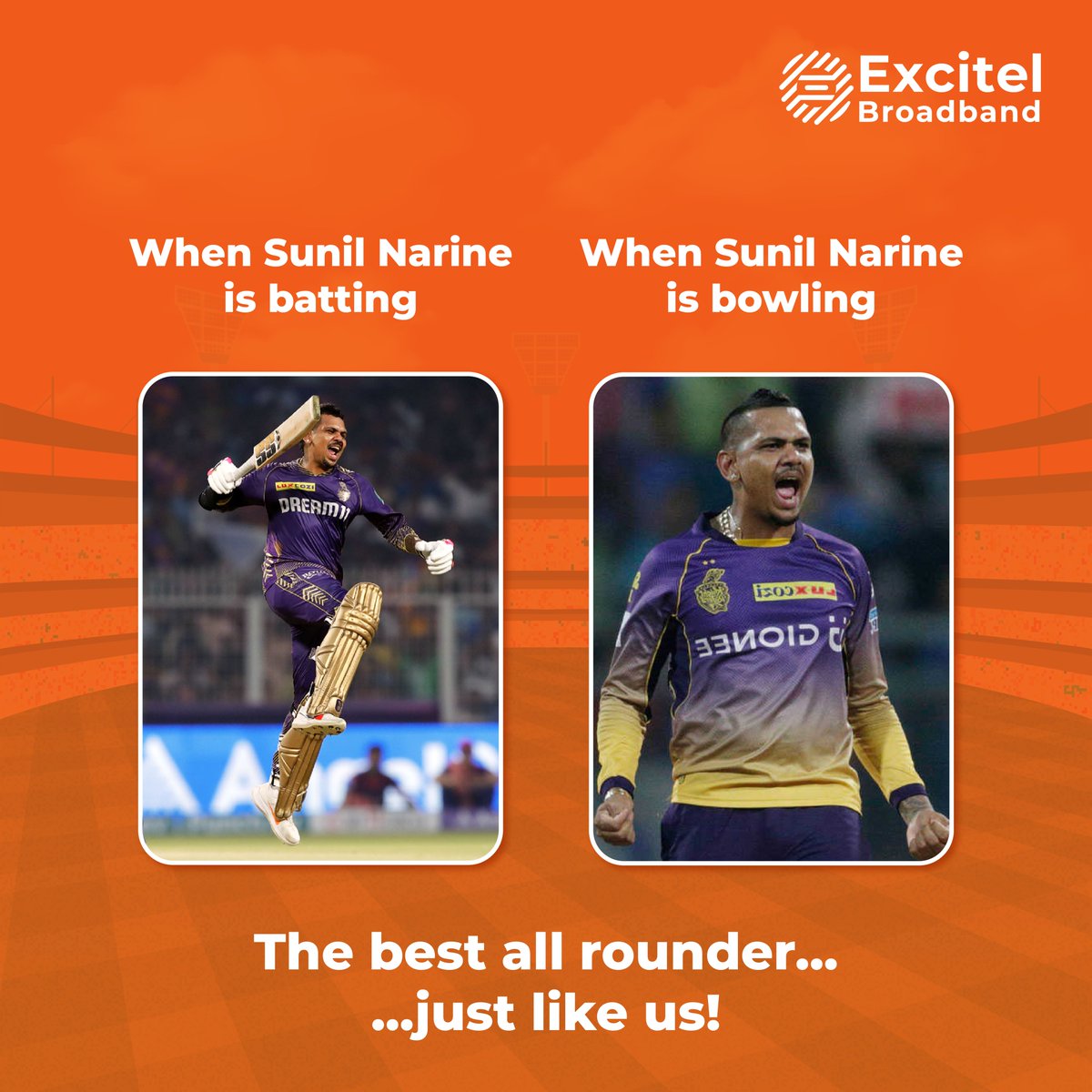 Hum bhi Sunil Narine ki tarah sab kuch classy deliver karte hai!

#excitel #broadband #kkr #sunilnarine #ipl #allrounder