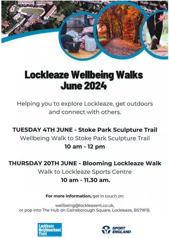 2 Wellbeing Walks in Lockleaze have been announced for June. Find out more below. <a href="/LockleazeHub/">The Hub</a>