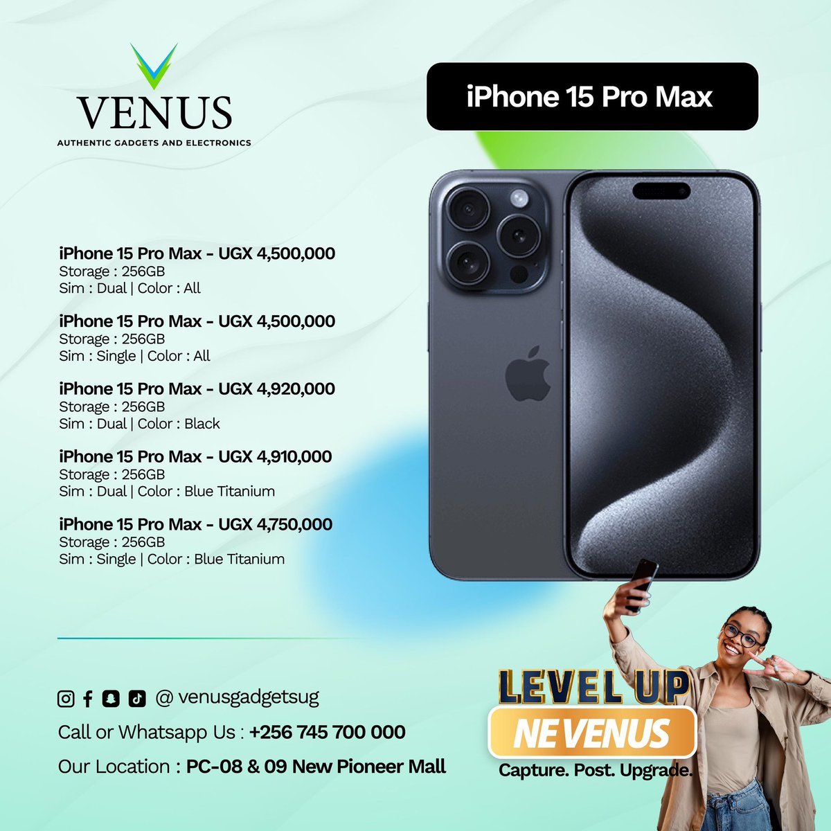 Zu_BedaAhmed's tweet photo. Level up your smartphone game with @Venus_UG_ !
iPhone 15 series at amazing prices 
Check out their page for these great offers!
#LevelupneVenus https://t.co/bIq4KO3P6T