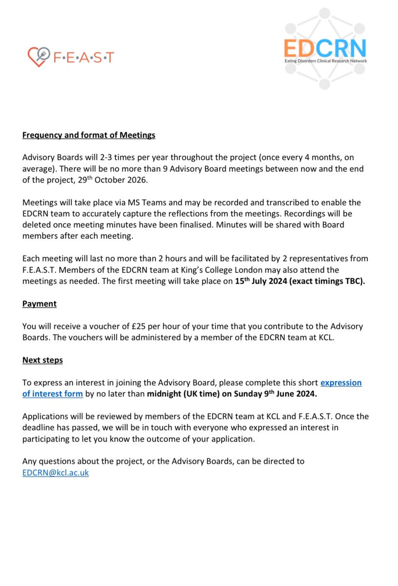 If you have experience as a carer or supporter of someone with an eating disorder, please consider filling the expression of interest form for our carer/supporter Advisory Board for the @ED_CRN! Details below and form here: qualtrics.kcl.ac.uk/jfe/form/SV_06…