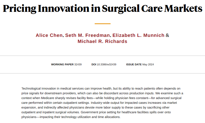 Medicare pricing for healthcare facilities has spillover effects on physicians — impacting time allocations and use of surgical technology, from Alice Chen, @seth_freedman, @BethMunnich, and Michael R. Richards nber.org/papers/w32439