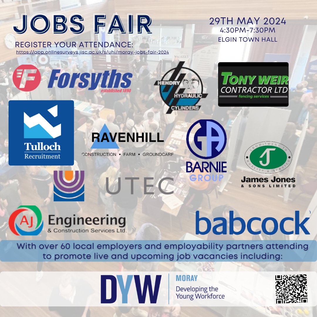 Are you interested in coming to Morays biggest jobs fair on the 29th of may🤩! Here are some of the employers attending: 👉For more information about this event please visit app.onlinesurveys.jisc.ac.uk/s/uhi/moray-jo… ⭐This event is open to all ages!⭐