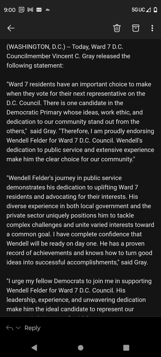 This just in: <a href="/VinceGrayWard7/">Vince Gray</a> endorses Ward 7 D.C. Council candidate <a href="/WendellforWard7/">Wendell Felder</a>. <a href="/WashInformer/">Washington Informer</a> story coming soon...
