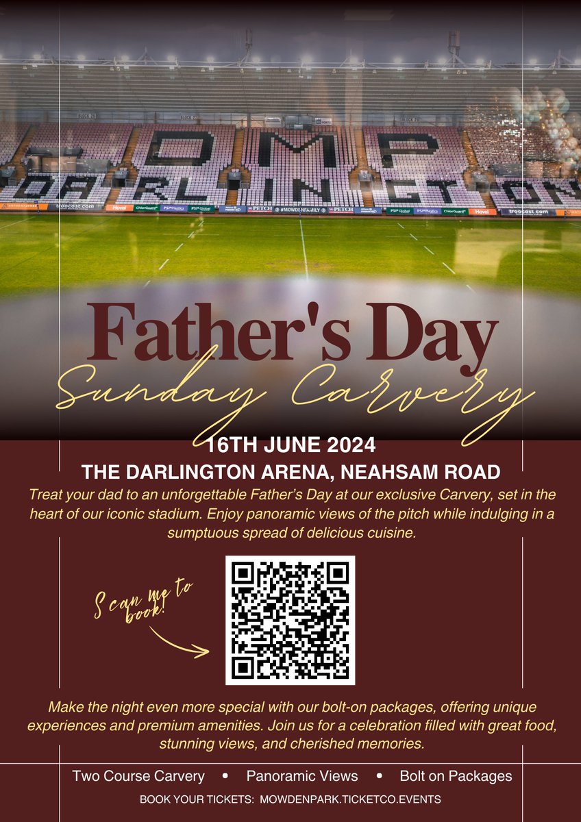 Make Father's Day unforgettable with our indulgent carvery feast! Treat Dad to delicious roasted meats, seasoned veggies, and more, all with a stunning stadium view. Limited availability – book now via QR code or link! Celebrate Dad in style! darlingtonarena.com/event/fathers-… #FathersDay