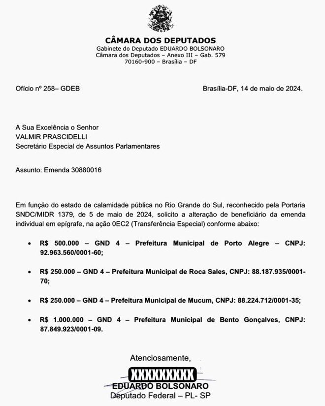 🚨 URGENTE - Deputado Eduardo Bolsonaro destina emenda para auxiliar o RS

As cidades beneficiadas serão: Porto Alegre, Muçum, Roca Sales e Bento Gonçalves. 

Agradecemos 💚❤️💛