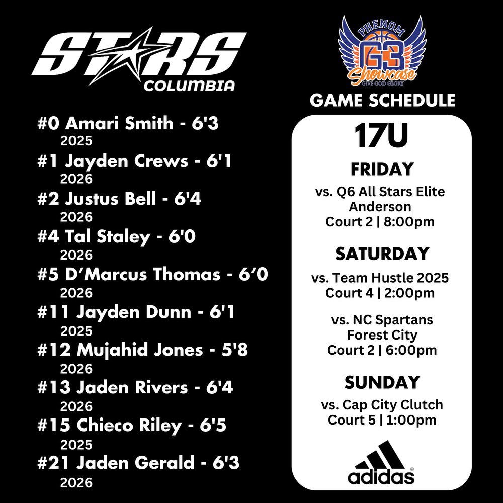 ‼️College Coaches ‼️

Be sure to check out both 17u groups this weekend in Rock Hill @Coach_Rick57 @Phenom_Hoops @colbylewis20 @POBScout @JeffreyBendel_ 

@UpwardStarsCola ⭐️ 

Guards /// Wings /// Forwards 

All coachable & recruitable players ‼️