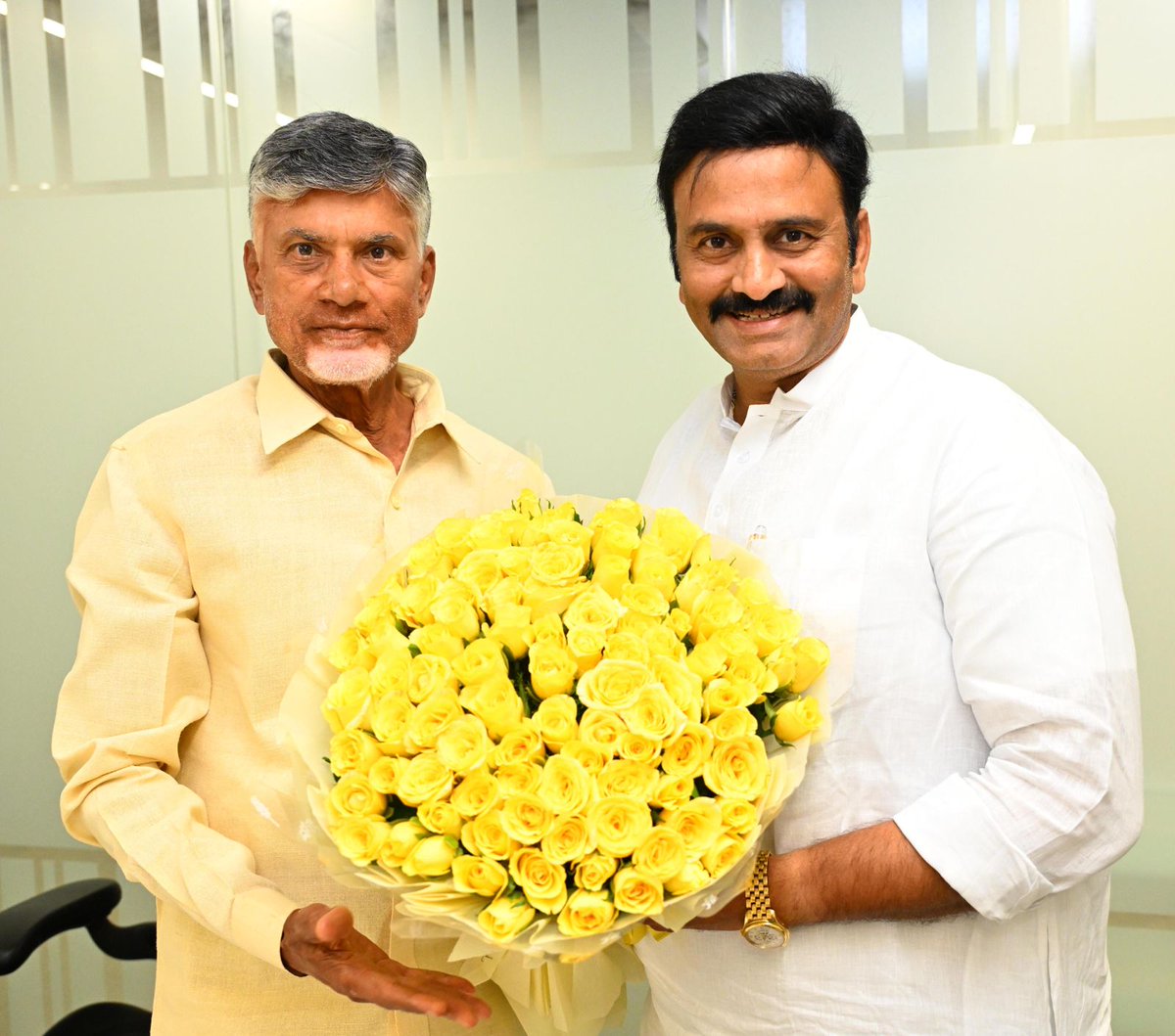 Conveyed my best wishes to our party president Sri CBN garu at his residence this evening . #RRR💐