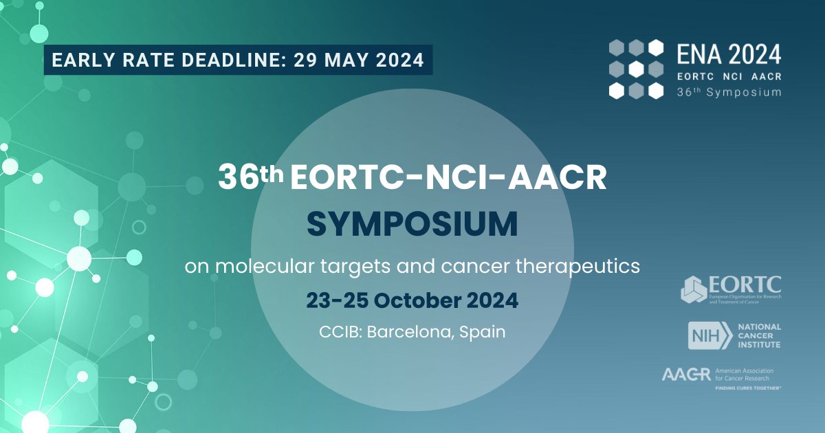 ENA 2024: EARLY RATE ENDS 29 May From innovative tech to overcoming resistance mechanisms, the 36th EORTC-NCI-AACR Symposium showcases pioneering approaches, driving advancements in cancer research & therapy #ENASymp24 eortc.org/ena @PTarantinoMD