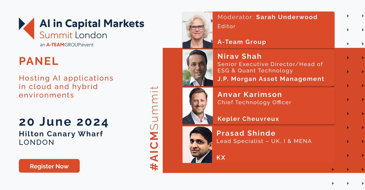 Join us at AI in Capital Market Summit London on 20 June for this discussion on hosting AI applications in cloud & hybrid environments. We'll hear experts from @jpmorgan @kxsystems & Kepler Cheuvreux Register: a-teaminsight.pulse.ly/xrrtqwzfsa #AICMSummit #AI #cloud #datainfrastructure