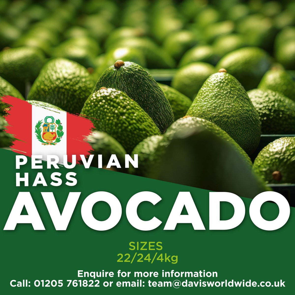 Fresh Peruvian Hass Avocados are now available!

Fruit full of health benefits and a nutritious fruit full of Vitamin E, Vitamin K,Vitamin C and Vitamin B.

Enquire for further information call 01205 761822 or email team@davisworldwide.co.uk

#freshfruits #fruits #vegetables